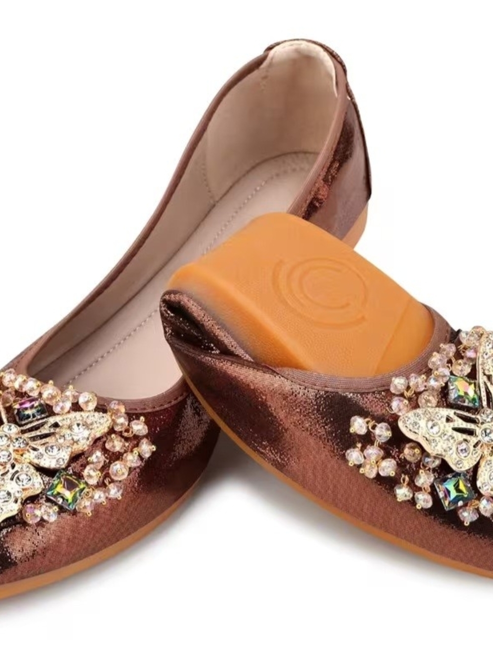 Luxe Metallic Brown Butterfly Crystal Bejeweled Women's Ballet Flats